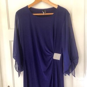 Chiasso Royal Blue Formal Evening stretch Dress M Jewel Accent Tie Sheer Sleeves